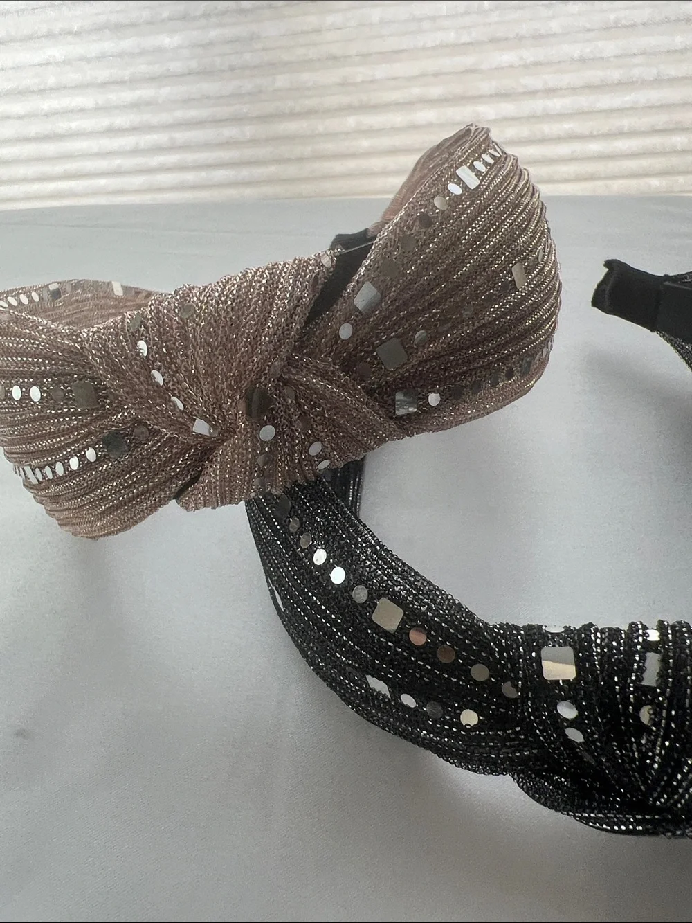 Shimmering Sequin and Bead Accent  Knotted Headband - Black and Tan set of 2
